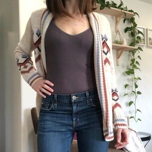 PINK ROSE Boho Sweater Knit Beige Blue and Pink Pattern